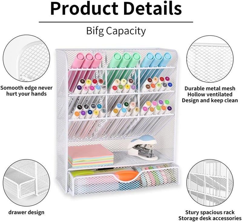 Spacrea Pen Holder Desk Organizer - Desk Organizers and Accessories, Pencil Holder with 10 Compartments and 1 Drawer（White） - Image 4